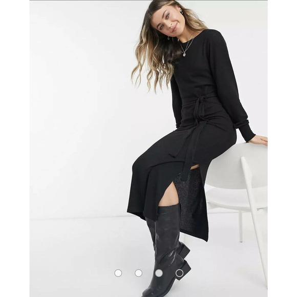 NEW Topshop Size 8 Black Midi Sheath Dress Black High Slit Tie Waist Modest Y1 - Picture 10 of 10